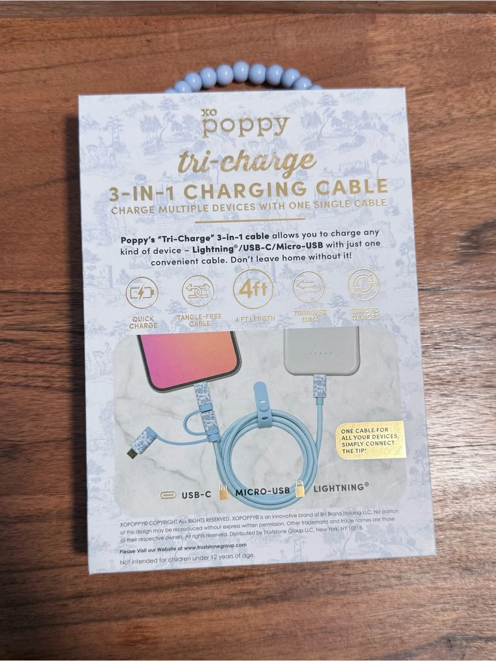XO Poppy | 3-in-1 Charging Cable | 4 ft. | Light Blue | Brand NEW